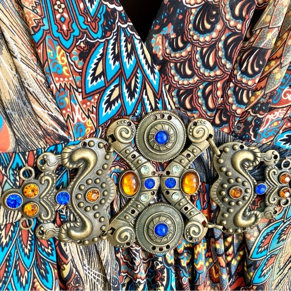 Boston Proper Peacock Feather Print Belted Long Sleeve Top Size Medium - Picture 2 of 5